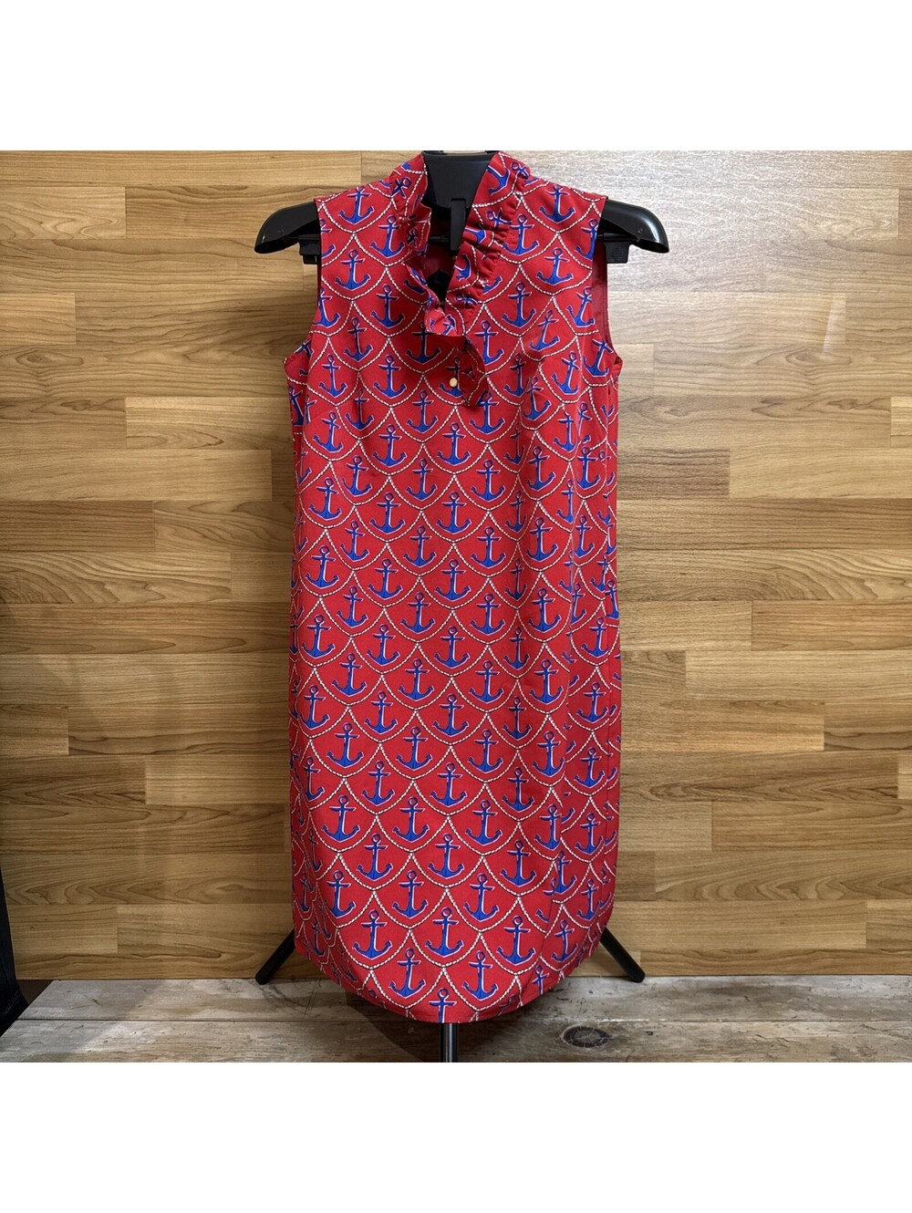 Talbots Anchors Away Novelty Anchor Shift Dress Ruffle Neck Side Zip Lined Sz 6P